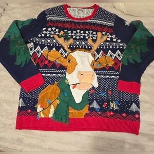 Holiday Time Festive Cow Sweater - Navy and Red